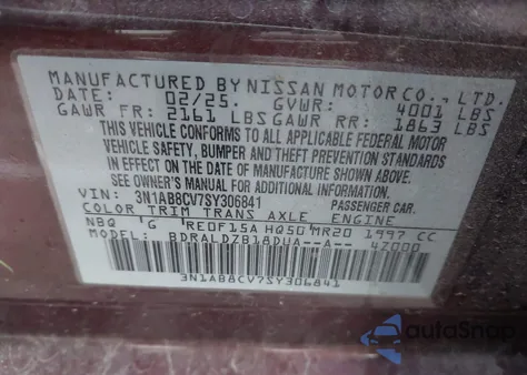 2025 Nissan Sentra Sv from USA, damaged, VIN 3N1AB8CV7SY306841